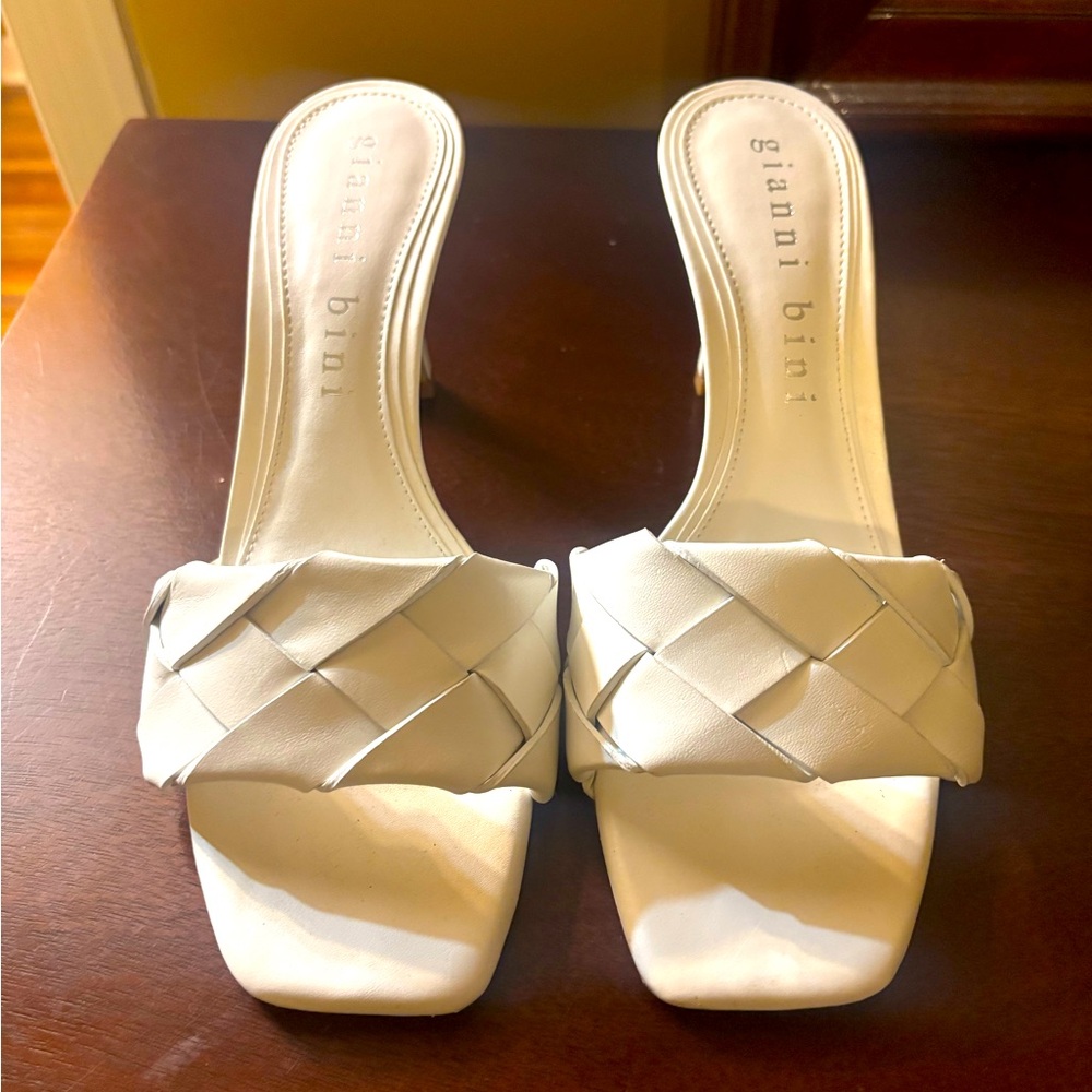 White Woven Leather Open Toe Heels, worn once.